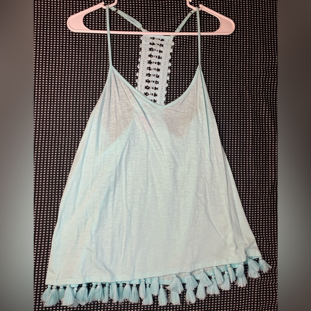Lilly Pulitzer Size Small Nya Tank Top Light Blue Tassel Trim Adjustable Straps